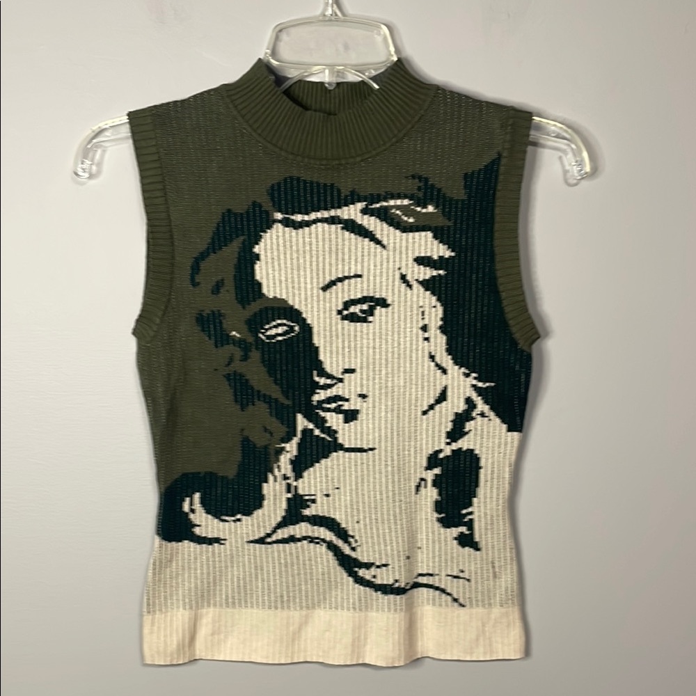 Cider Olive Green and Cream Graphic Knit Sleeveless Sweater